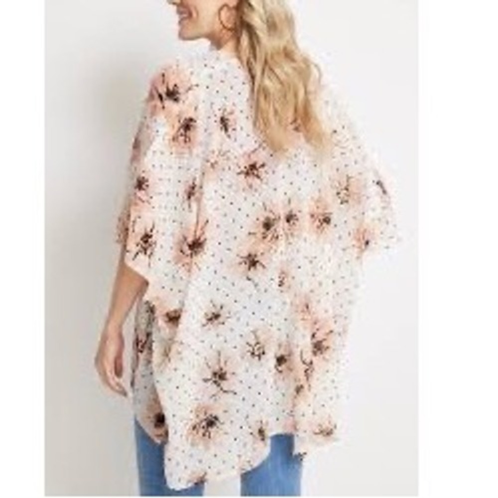 Maurices Floral Polka Dot Kimono Wrap Cardigan White Peach‎ One Size